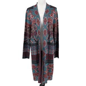 Chicos Sweater 2 Womens Large Green Burgundy Floral Long Cardigan Duster Open
